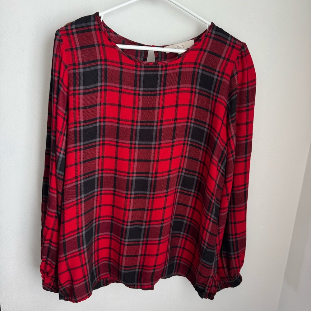 LOFT plaid long sleeve keyhole blouse